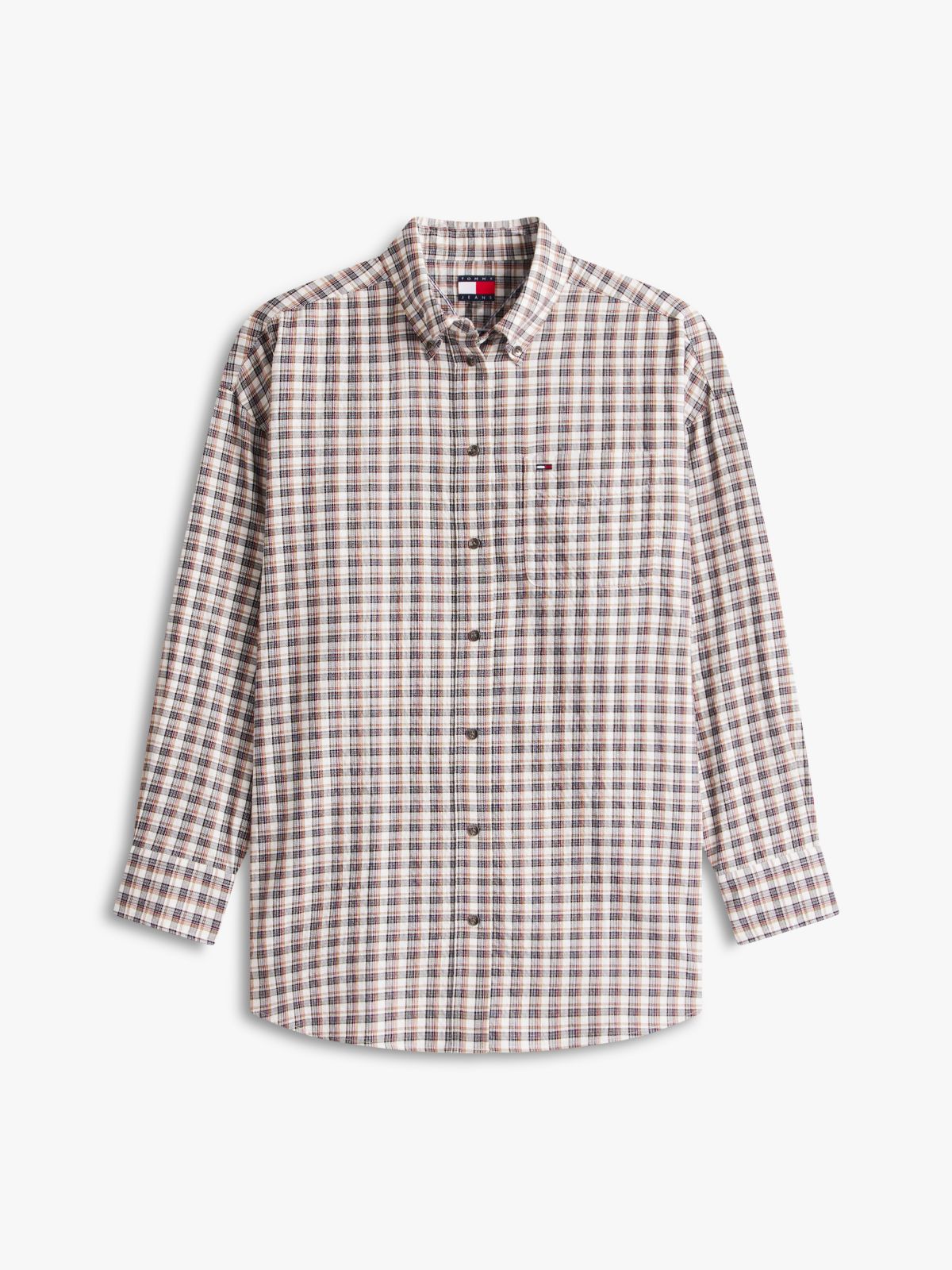 Relaxed Fit Tartan Check Seersucker Shirt — Beige