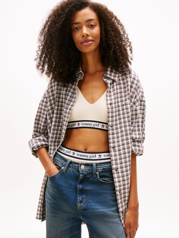 Relaxed Fit Tartan Check Seersucker Shirt — Beige
