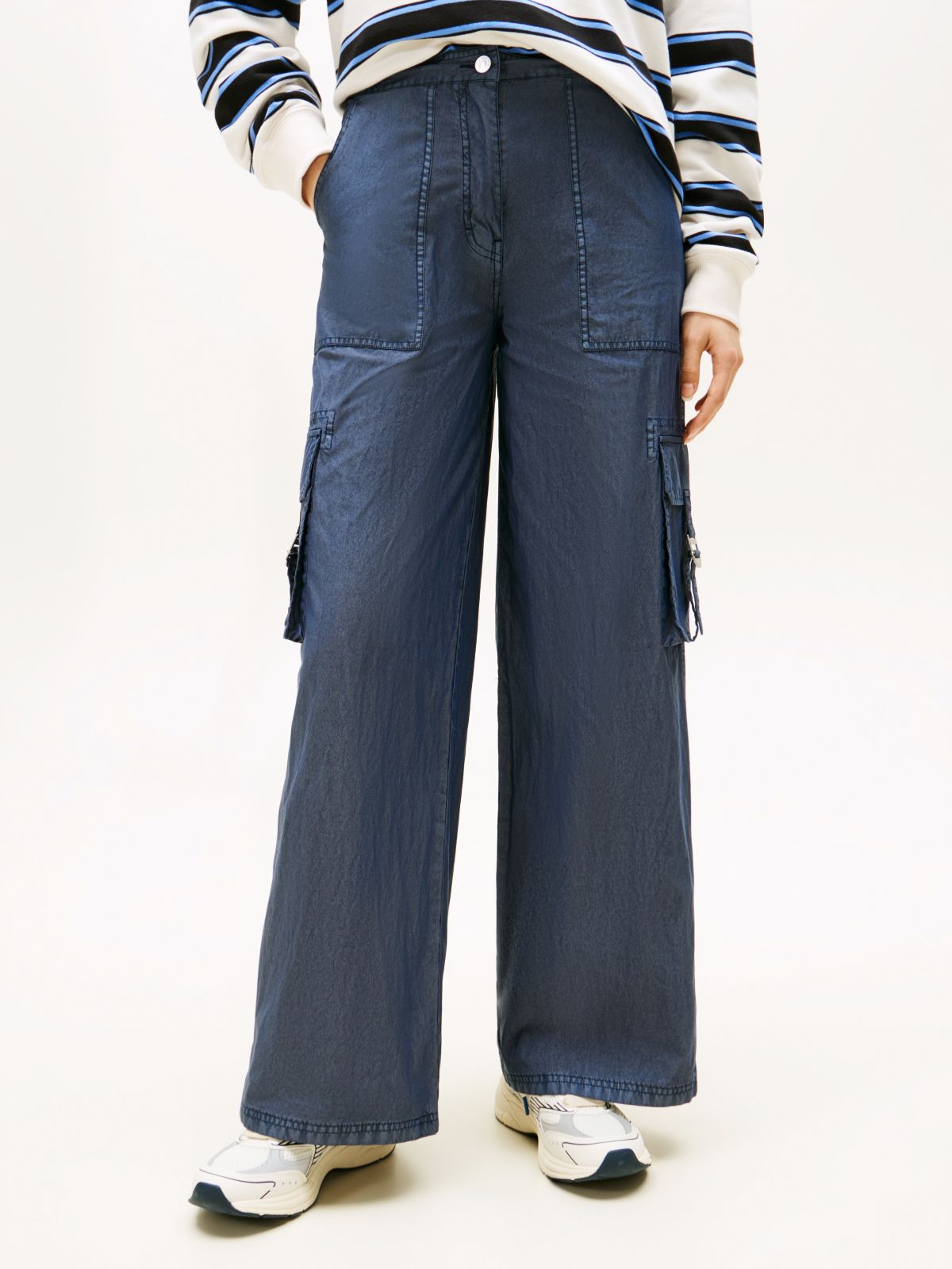 Wide Leg Twill Cargo Trousers — Blue
