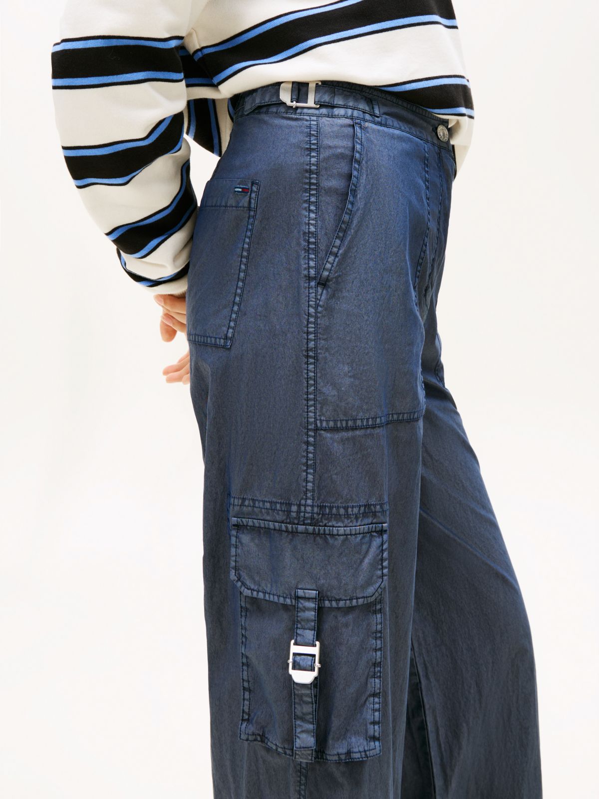 Wide Leg Twill Cargo Trousers — Blue