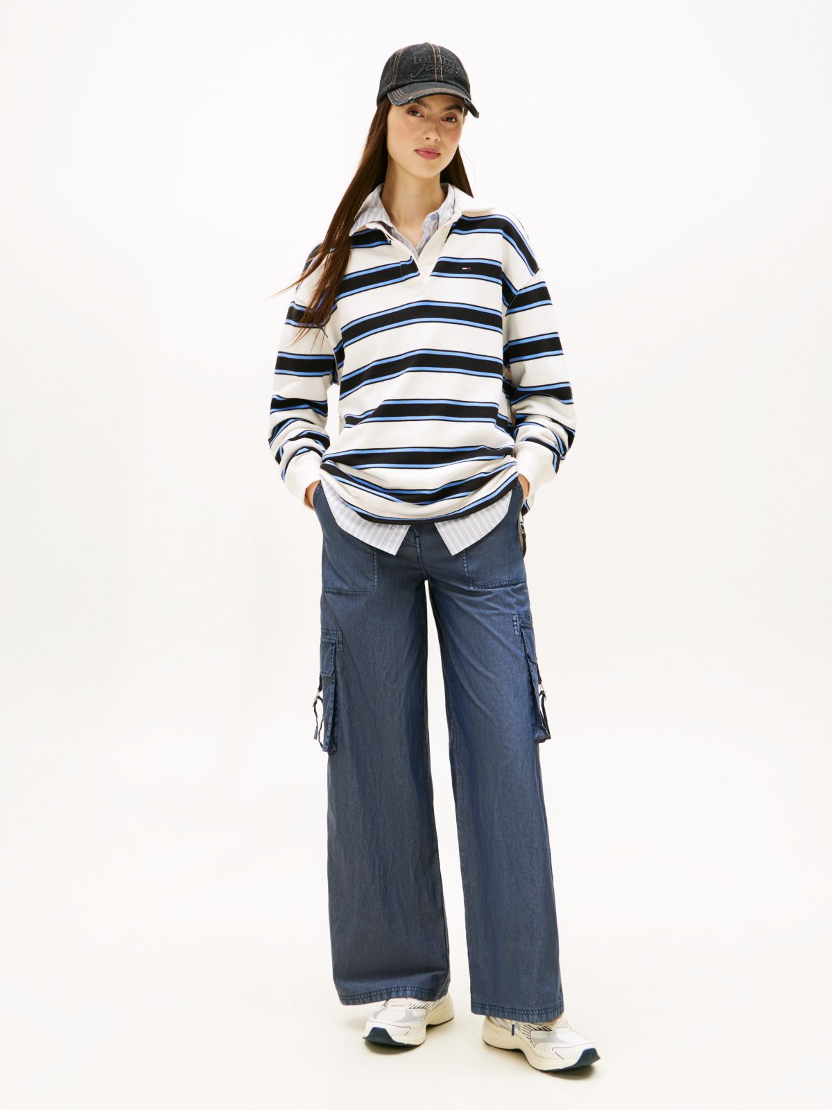 Wide Leg Twill Cargo Trousers — Blue