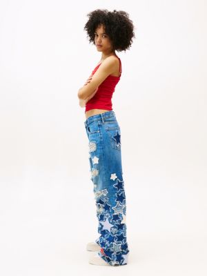 blue tommy girl star patchwork loose jeans for women tommy jeans