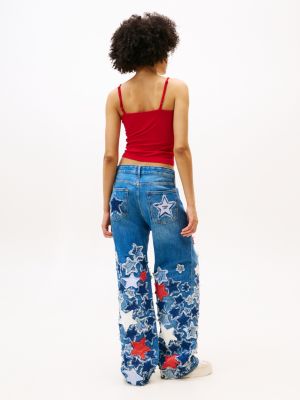 blue tommy girl star patchwork loose jeans for women tommy jeans