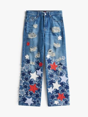 blue tommy girl star patchwork loose jeans for women tommy jeans