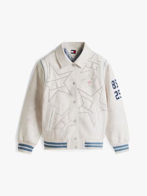 white tommy girl patchwork back logo leather jacket for women tommy jeans