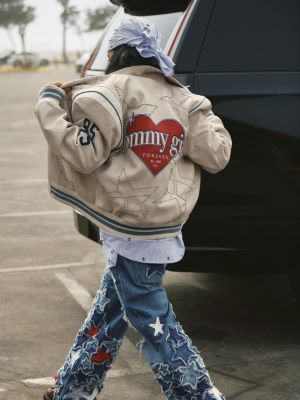 white tommy girl patchwork back logo leather jacket for women tommy jeans