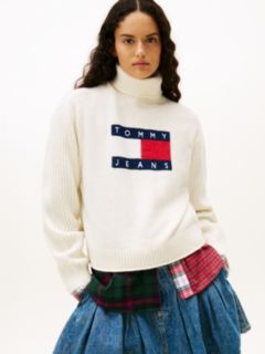 Tommy Flag Intarsia Relaxed Turtleneck Jumper — White 1