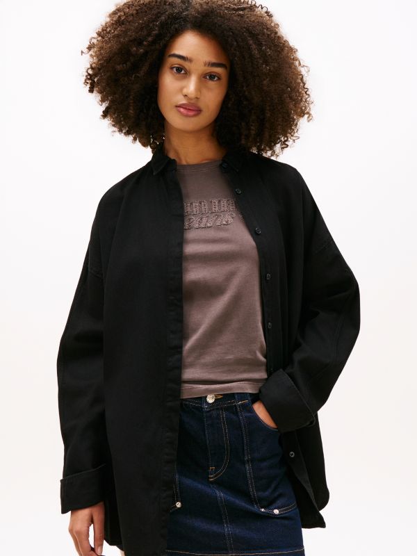 Relaxed Fit Shirttail Hem Denim Shirt — Black