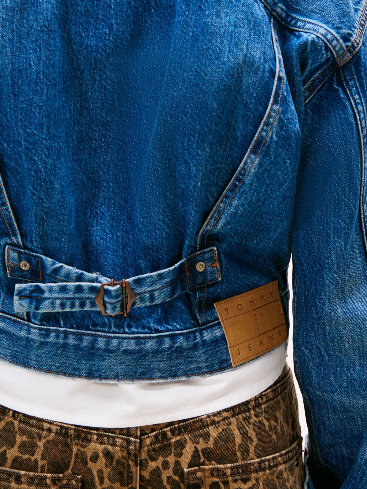 Pleated Denim Cinch-Back Trucker Jacket — Blue