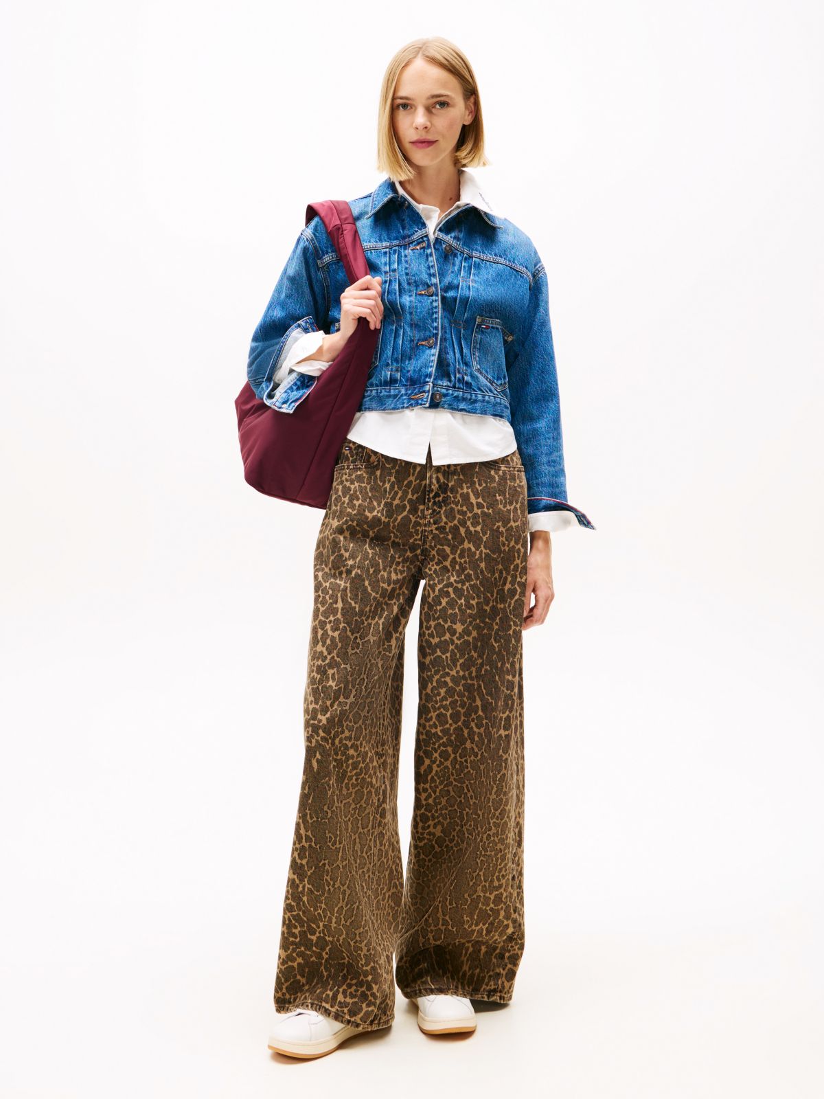 Pleated Denim Cinch-Back Trucker Jacket — Blue