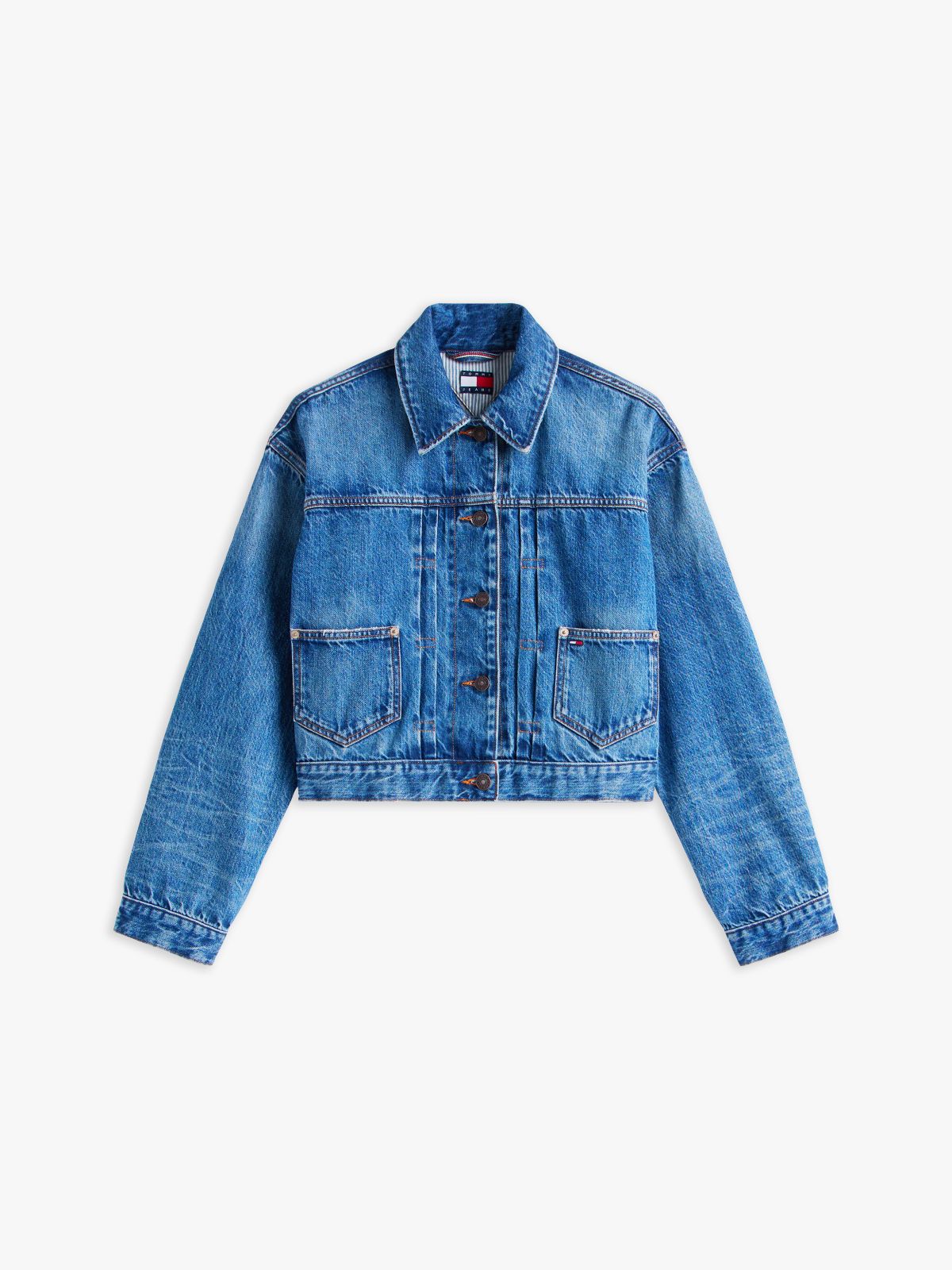 Pleated Denim Cinch-Back Trucker Jacket — Blue