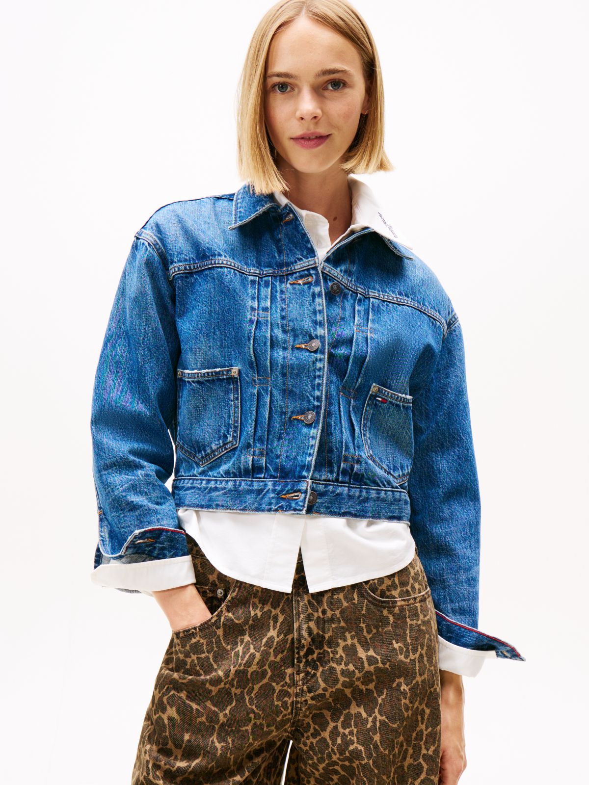 Pleated Denim Cinch-Back Trucker Jacket — Blue
