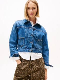 Pleated Denim Cinch-Back Trucker Jacket — Blue 1