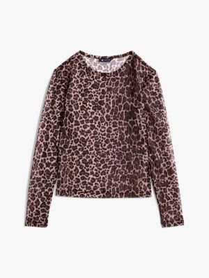 t-shirt in tessuto a rete con stampa marrone da donne tommy jeans