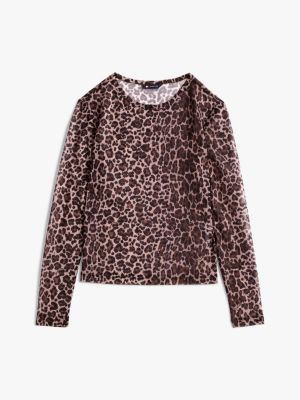 brown print mesh long sleeve top for women tommy jeans