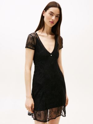 black lace cap sleeve slim mini dress for women tommy jeans