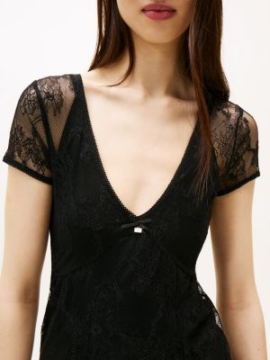 black lace cap sleeve slim mini dress for women tommy jeans