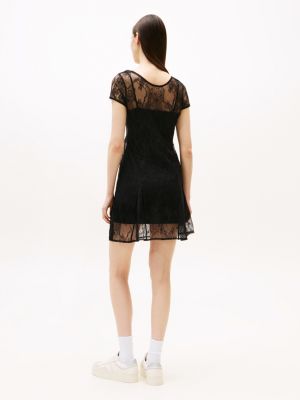 black lace cap sleeve slim mini dress for women tommy jeans