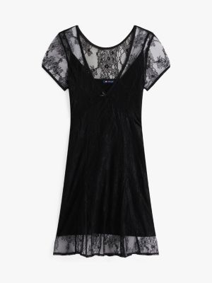 black lace cap sleeve slim mini dress for women tommy jeans