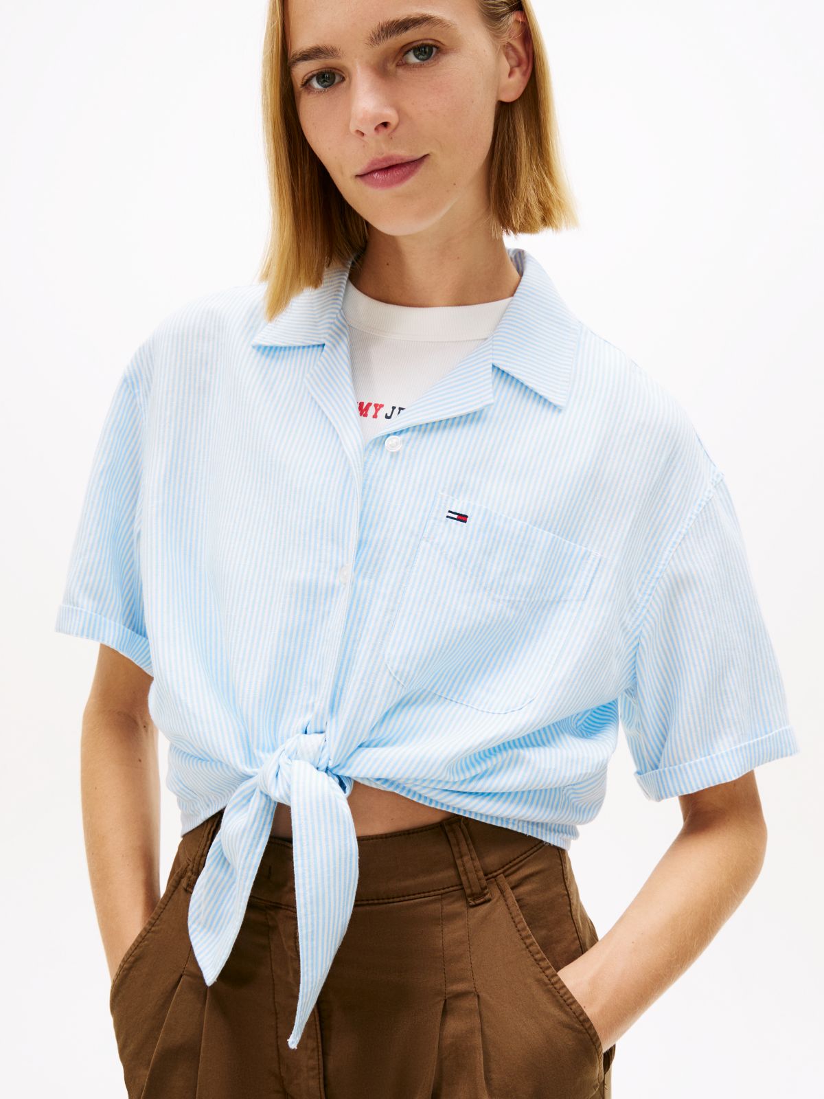 Relaxed Fit Linen Blend Tie Front Shirt — Blue