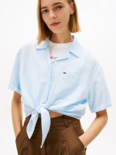 Relaxed Fit Linen Blend Tie Front Shirt — Blue 2