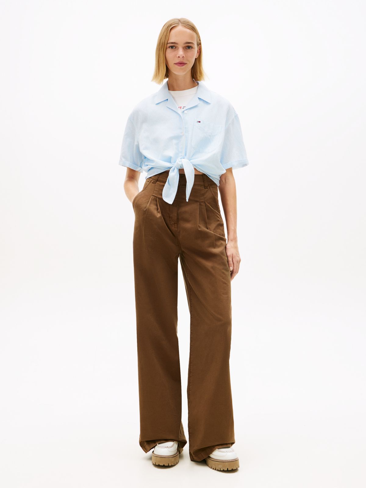 Relaxed Fit Linen Blend Tie Front Shirt — Blue