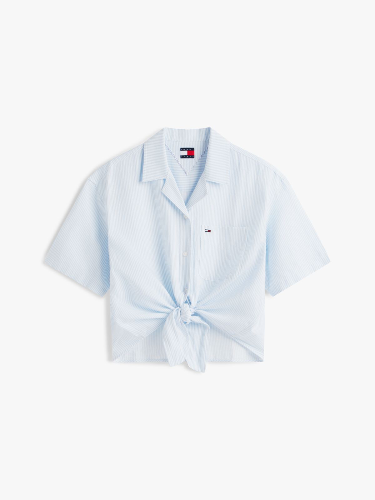 Relaxed Fit Linen Blend Tie Front Shirt — Blue