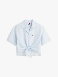 Relaxed Fit Linen Blend Tie Front Shirt — Blue 5