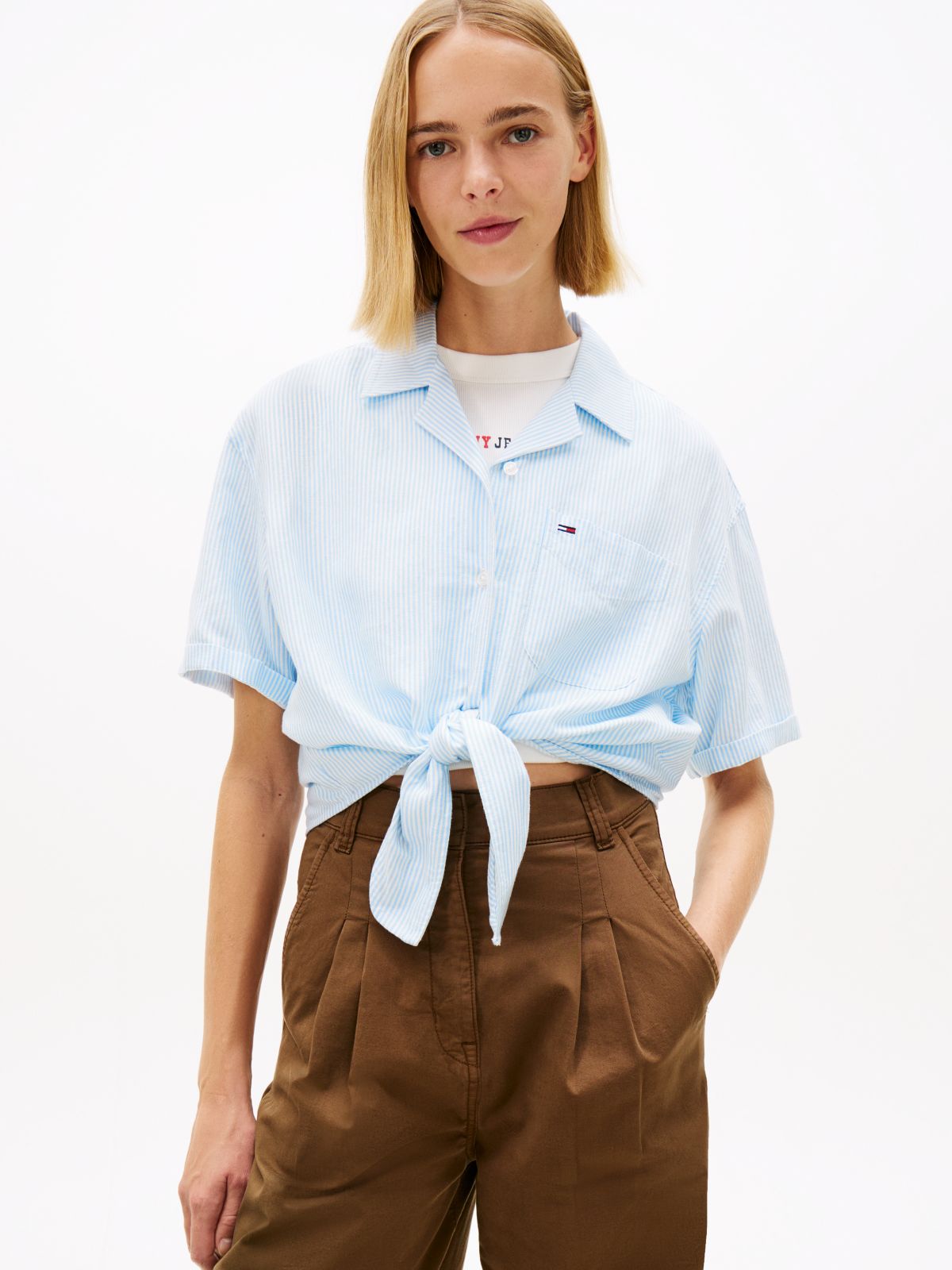 Relaxed Fit Linen Blend Tie Front Shirt — Blue