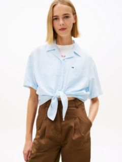Relaxed Fit Linen Blend Tie Front Shirt — Blue 1