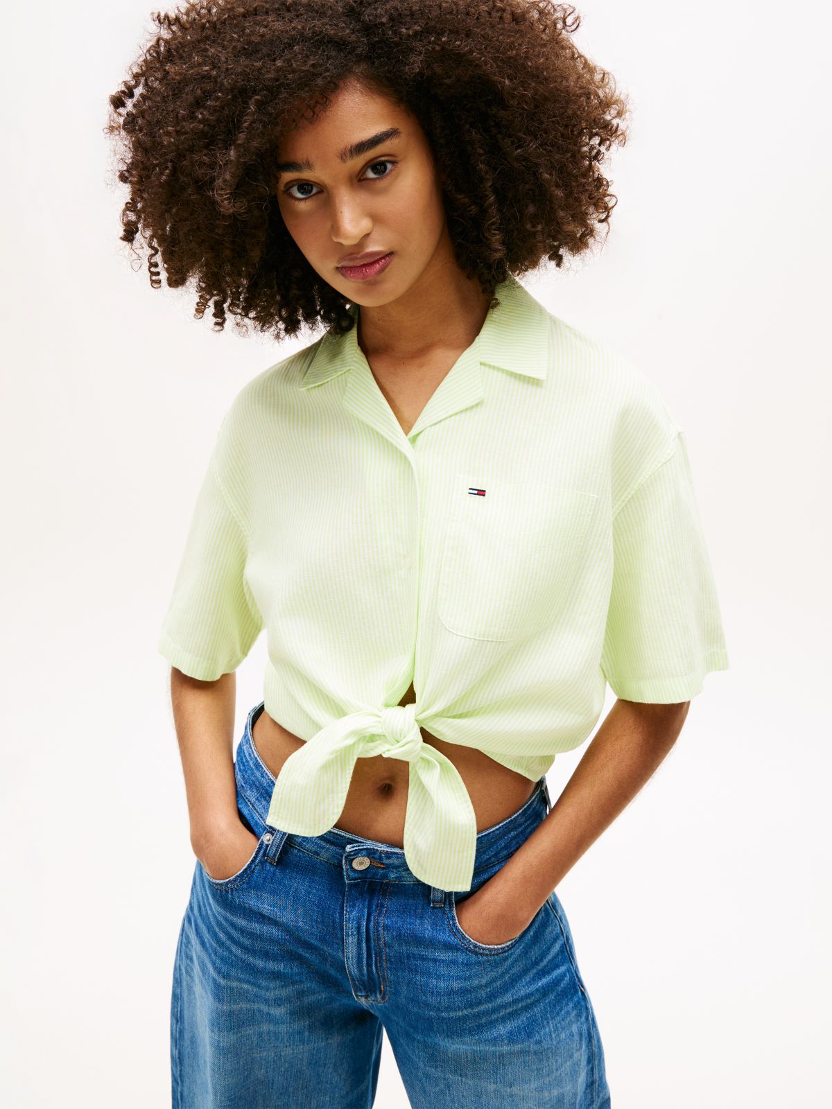 Relaxed Fit Linen Blend Tie Front Shirt — Green