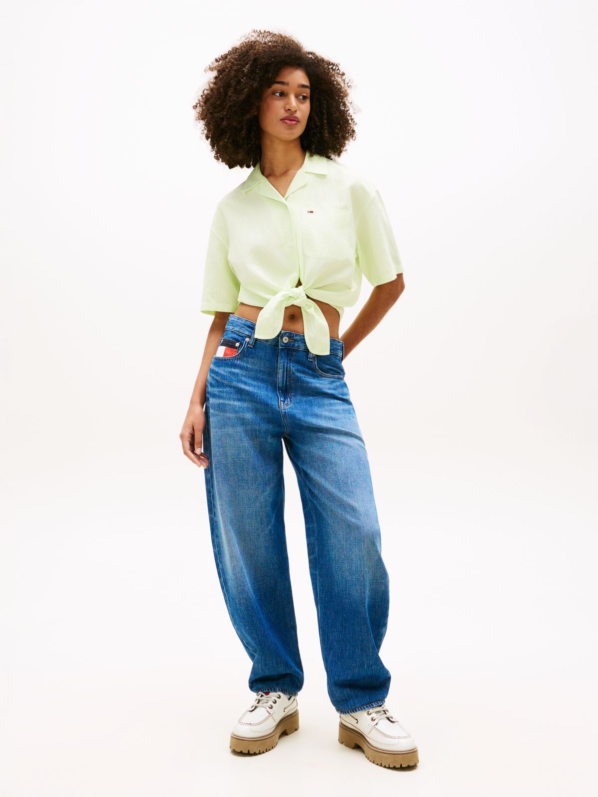 Relaxed Fit Linen Blend Tie Front Shirt — Green