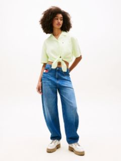 Relaxed Fit Linen Blend Tie Front Shirt — Green 3
