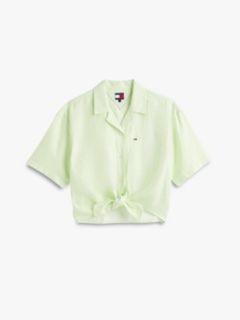 Relaxed Fit Linen Blend Tie Front Shirt — Green 6