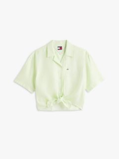Relaxed Fit Linen Blend Tie Front Shirt — Green 7