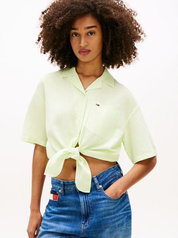 Relaxed Fit Linen Blend Tie Front Shirt — Green