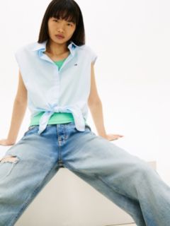 Relaxed Fit Sleeveless Tie Front Shirt — Blue 2