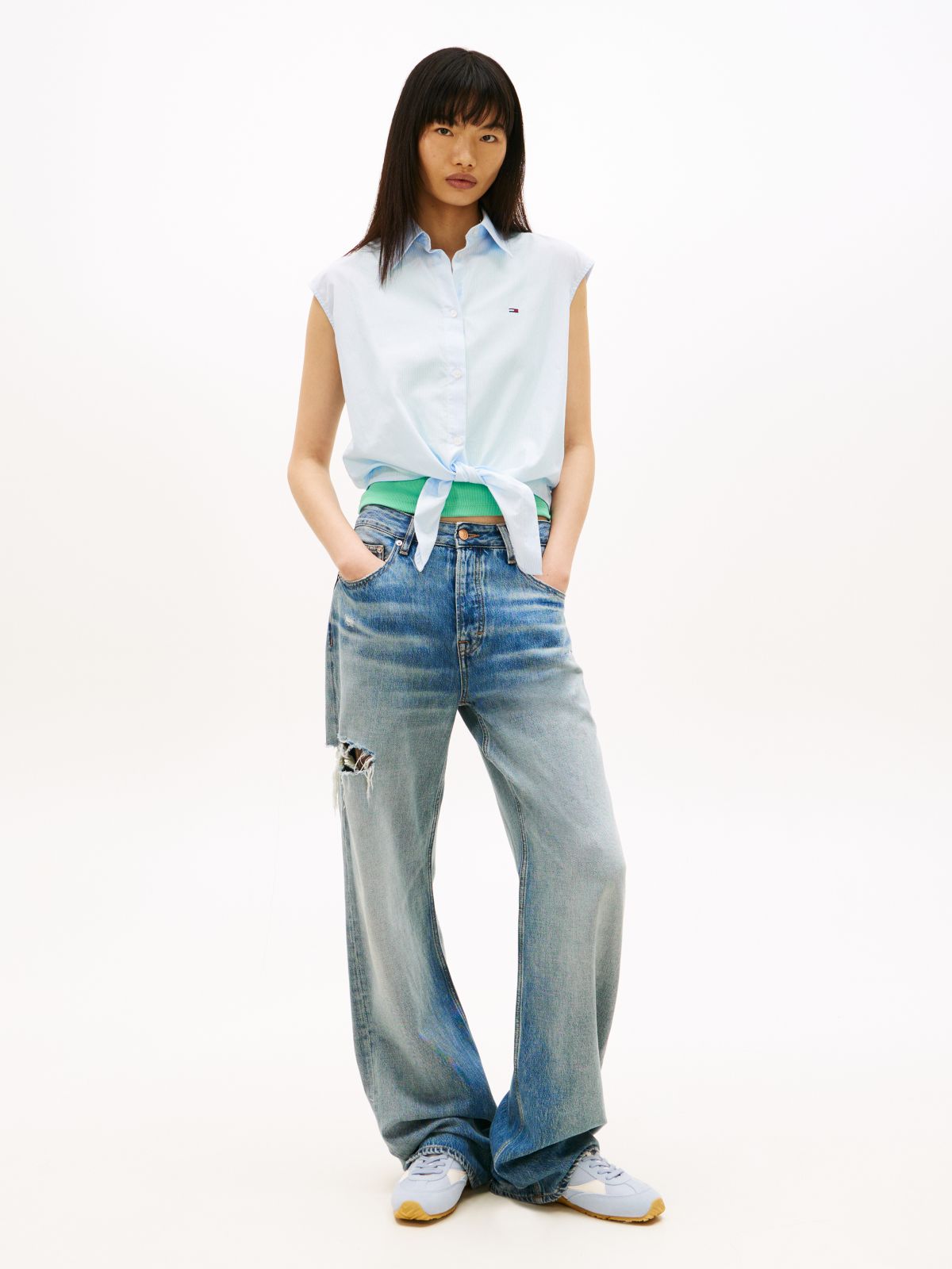 Relaxed Fit Sleeveless Tie Front Shirt — Blue