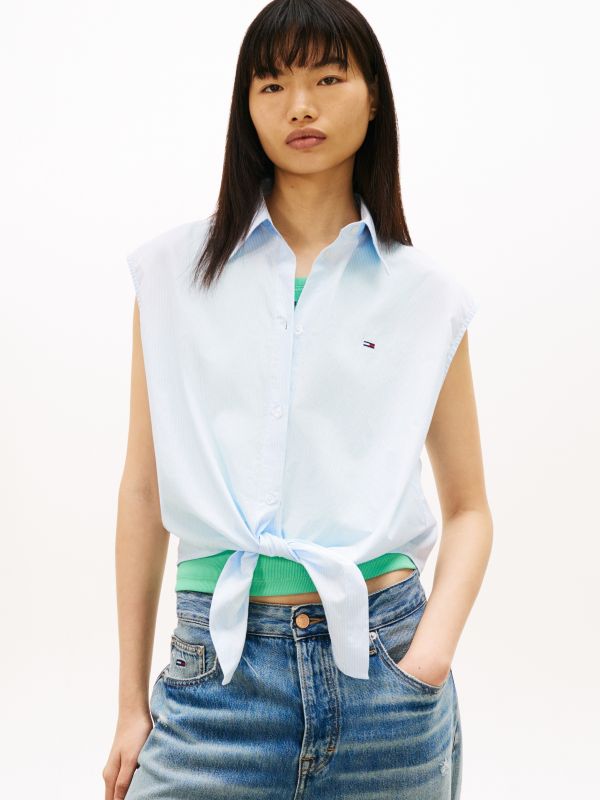 Relaxed Fit Sleeveless Tie Front Shirt — Blue