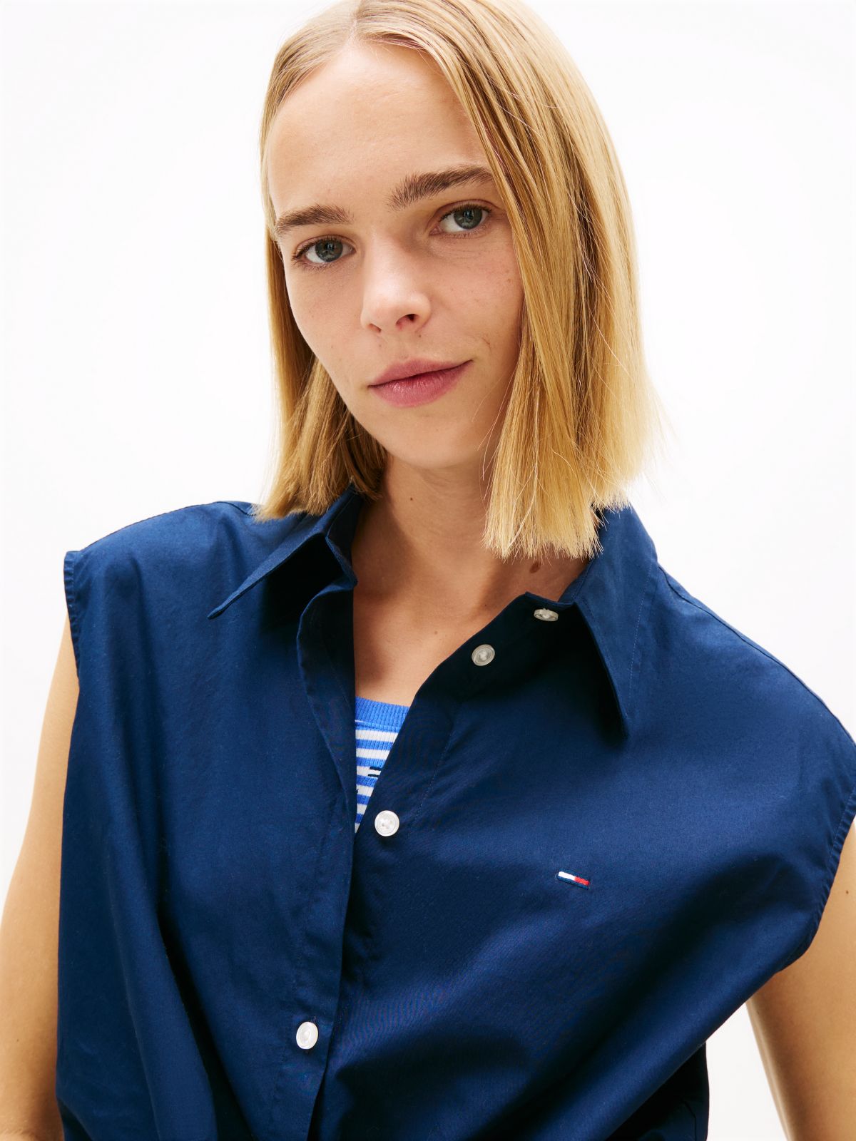 Relaxed Fit Sleeveless Tie Front Shirt — Blue