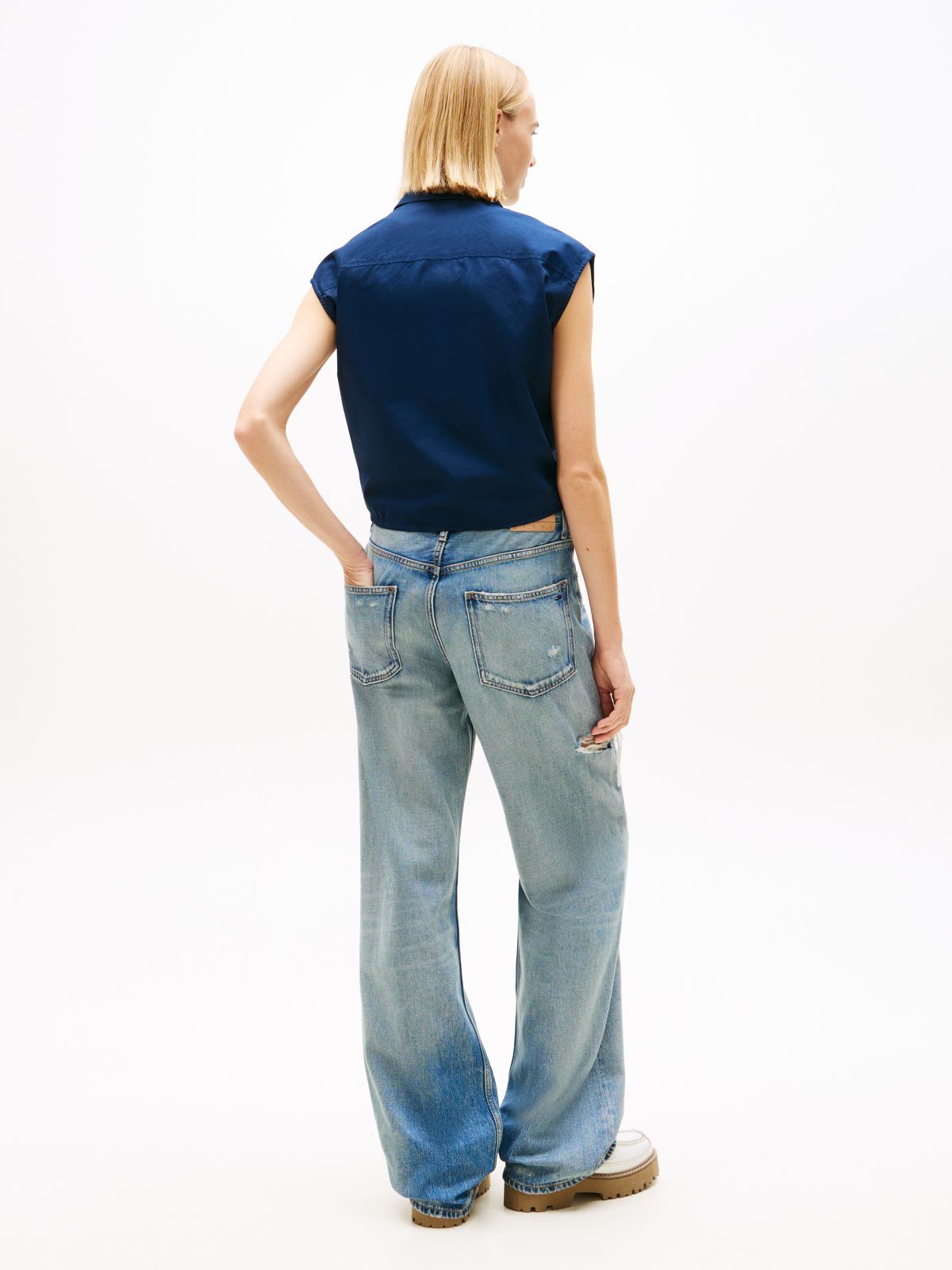 Relaxed Fit Sleeveless Tie Front Shirt — Blue