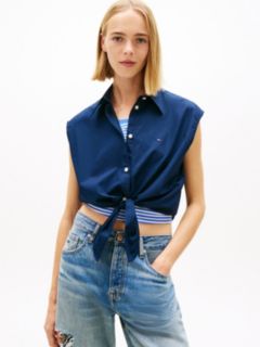 Relaxed Fit Sleeveless Tie Front Shirt — Blue 1