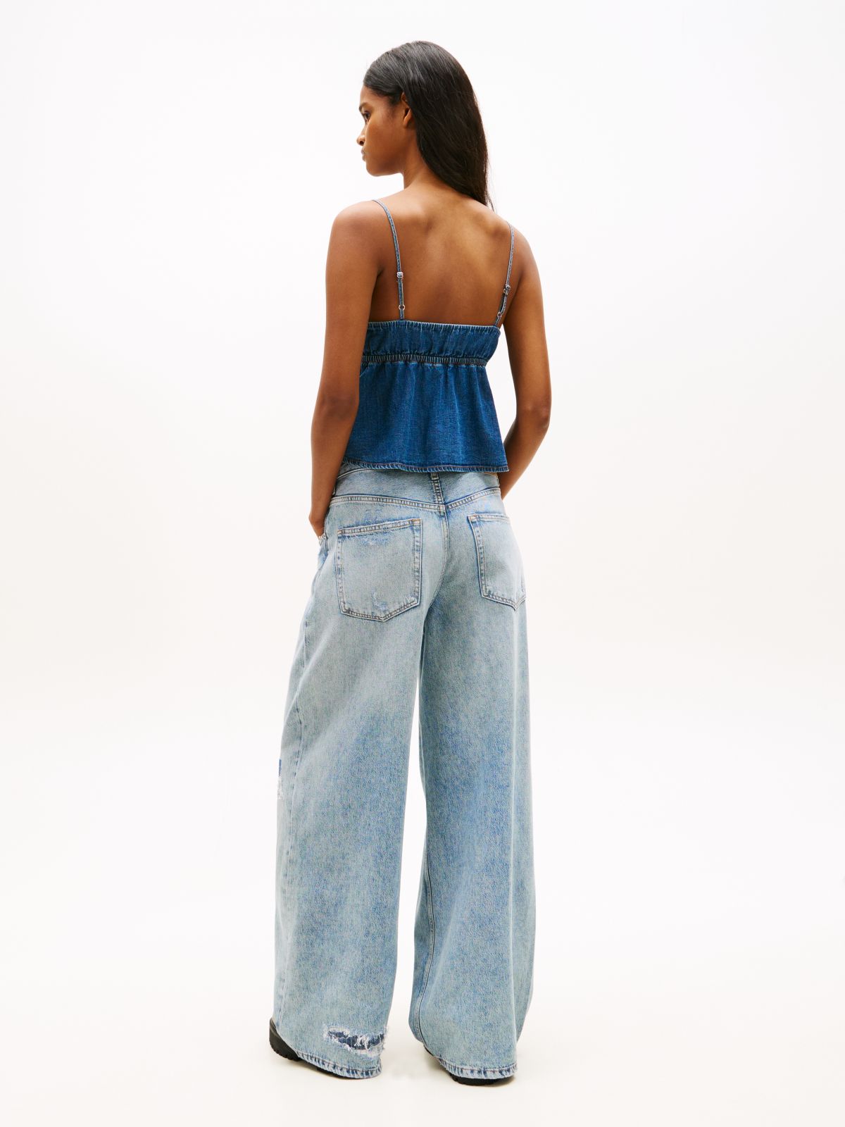 Chambray Spaghetti Strap Slim V-Neck Top — Blue