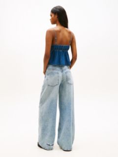 Chambray Spaghetti Strap Slim V-Neck Top — Blue 4