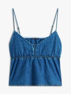 Chambray Spaghetti Strap Slim V-Neck Top — Blue 5