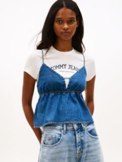 Chambray Spaghetti Strap Slim V-Neck Top — Blue 1