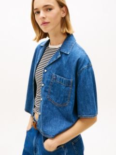 Relaxed Fit Chambray Cropped Shirt — Blue 2