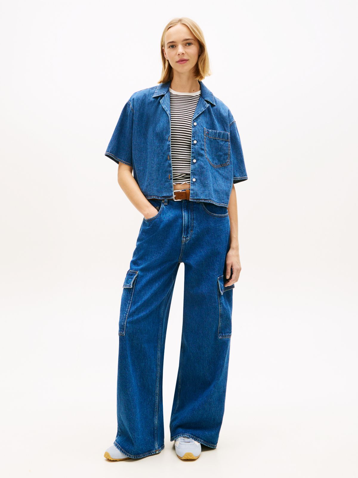 Relaxed Fit Chambray Cropped Shirt — Blue