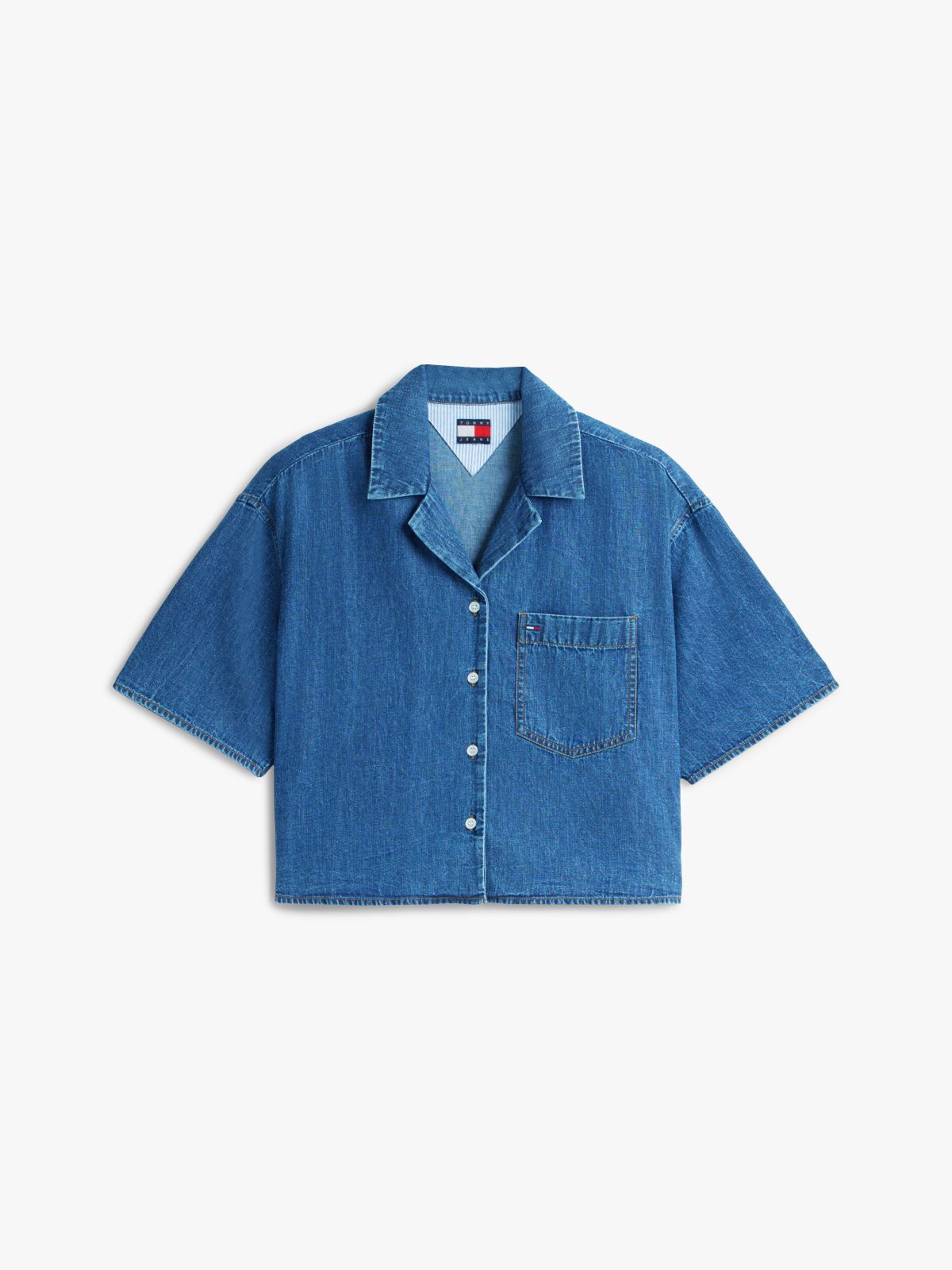 Relaxed Fit Chambray Cropped Shirt — Blue