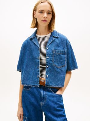 blue relaxed fit chambray cropped shirt for women tommy jeans
